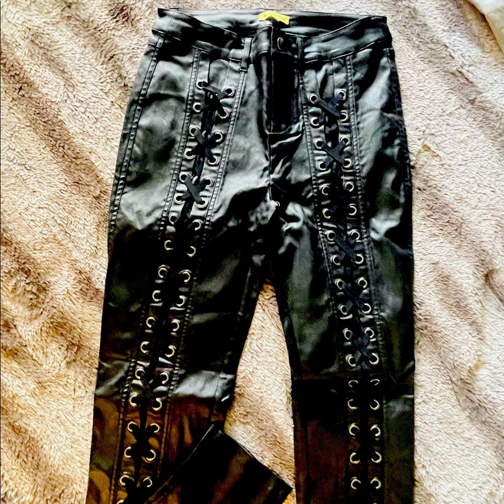 Pleather pants with ribbon tie detail
